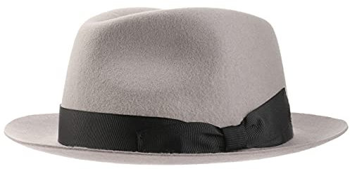 Lipodo Morten Filzhut Made in Italy Unifarbener Wollfilzhut mit Ripsband Herbst/Winter Fedora mit asymmetrischer Schleife Damen Herren hellgrau XL (60-61 cm)