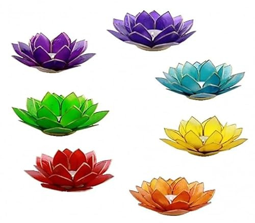 Set von 7 Capiz Lotus Teelichthaltern Chakra Goldrand - 13.5 cm