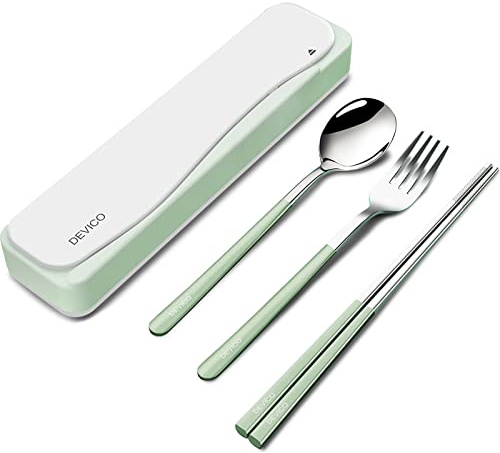 DEVICO Reseredskap, 18/8 rostfritt stål 4 st bestickset bärbart läger återanvändbart bestick, inkluderar gaffel sked ätpinnar med fodral (grön)