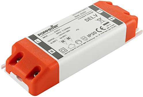 Poppstar Transformateur 220V AC / 12V DC 1.66A jusqu'à 20W (Watt), Ballast, Alimentation 12V pour LED