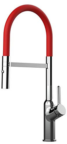 Rubinetto miscelatore design lavello cucina fontana professionale chef canna rossa movibile e doccia due getti staccabile