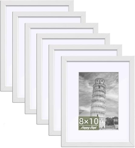 HappyHapi 8x10 Picture Frame Set of 6, 8x10 White Picture Frame Display Pictures 5x7 with Mat or 8x10 Without Mat. Wall Hanging Photo Frame or Tabletop Display Gallery Frame (White)