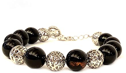 Bracciale in ambra in argento 925 con vere sfere di ambra baltica (marrone scuro-nero), misura 17 – 19 cm, bracciale ambra sfere diametro 10,5 mm in argento 925, bracciale da donna, 17-19, Pietra