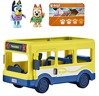 Bluey Set da gioco con veicolo di autobus cittadino e confezione di personaggi ufficiali, con due action figure da collezione Bingo da 6,3-7,6 cm e Bus Pass