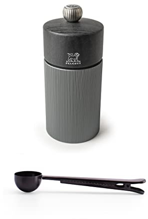 Peugeot Line Manual Salt Mill Carbon Graphite Aluminum, 12 cm - 4.75 With Stainless Steel Spice Scoop/Bag Clip (Salt Mill w/ Scoop)