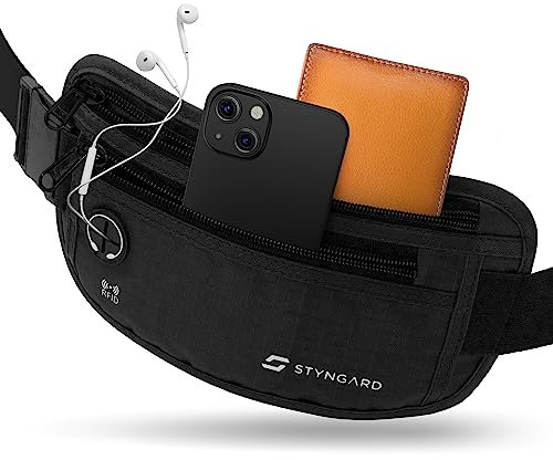 Flache Bauchtasche diebstahlsicher RFID Schutz - Geldgürtel zum Umhängen - Reise Bauchtasche mit Diebstahlschutz - Brustbeutel Damen und Herren Sport - STYNGARD - Modell Madrid
