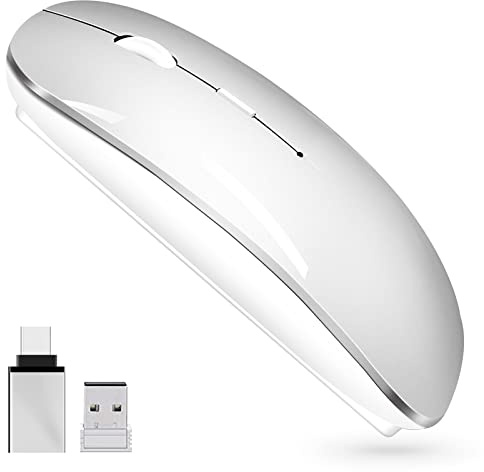 Souris sans fil 2,4 GHz avec récepteur USB pour ordinateur portable, souris sans fil rechargeable, compatible avec Apple MacBook Air/Pro, iPad, Mac, Chromebook, PC, avec adaptateur USB C (blanc