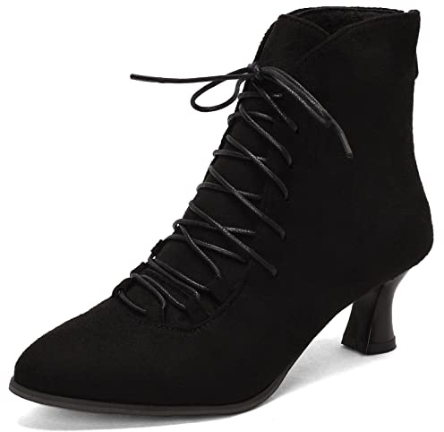 CUTEHEELS Women Vintage Lace-up Ankle Boots with Pointed Toe and Kitten Heels for Business/Dating