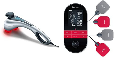 Beurer MG 100 Infrarot-Massagegerät 649.03 & EM 59 Heat digitales TENS/EMS Gerät, 4-in-1 Reizstromgerät zur Schmerztherapie, Muskelstimulation, Massage und Wärmetherapie, inkl. 4 Elektroden und Akku