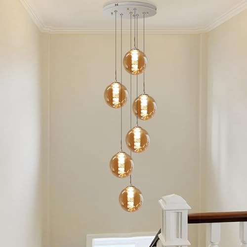CBJKTX Pendelleuchte esstisch Pendellampe Höhenverstellbar kugel Hängeleuchte 6-Flammig aus Glas in Farbe Bernstein Küchen Wohnzimmerlampe Schlafzimmerlampe Flurlampe