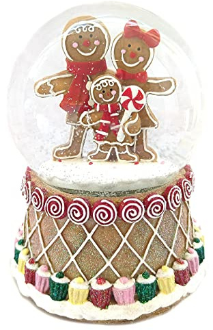 Schneekugel mit Lebkuchenfiguren als Spieluhr und bunt verziertem Sockel mit Musik, Licht und Schneeantrieb, batteriebetrieben, Kugeldurchmesser: 100mm, Höhe: 14cm, Lied: „Jingle Bells“