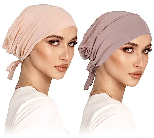 2er Pack Turban Damen Frauen Undercap Hijab Cap Unterschal Klassische Slouch Beanie Mütze Islamische Muslimische Mit Tie Back Solid Color Kopfbedeckung Chemo Kopftuch Schlafmütze