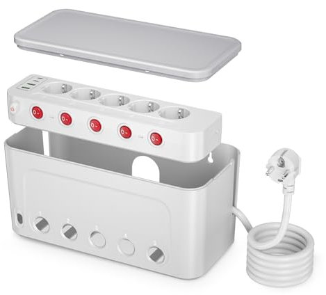 Scatola Nascondi Cavi con Ciabatta Multipresa,Presa Multipla Salvaspazio 5 Prese Interruttore Indipendenti,Scatola Porta Cavi con Ciabatta Elettrica,Grande Organizzatore Raccogli,Cavo 1,5m,Bianco
