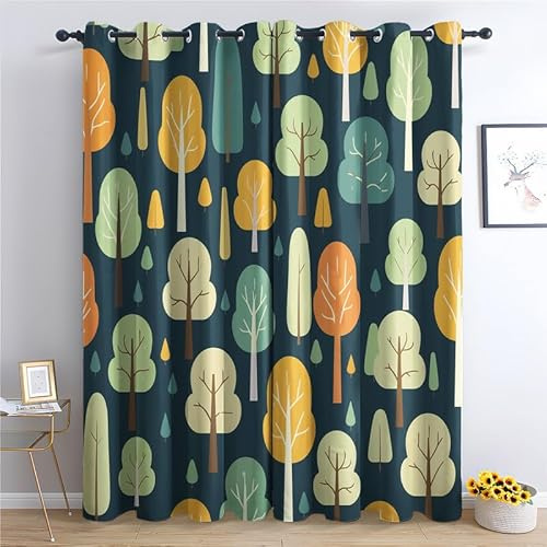 QEODAH Wald Vorhänge Kinder Vorhang Blickdicht Ösenvorhang Verdunklungsvorhänge Gardinen Wohnzimmer Schlafzimmer Kinderzimmer Fenster Deko Blackout Curtain 2er Set H 245 x B 140 cm