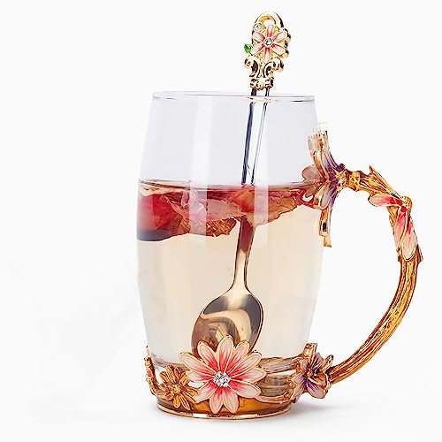 Shunshi Flower Glass Coffee Mugs Tea Cup with Steel Spoon, Enamel Butterfly Daisy Flower Tea Cup Set wiht Anti-Slid Pad, Present for Women,Wedding, Birthday,Valentine's,Christmas,Anniversary (High)