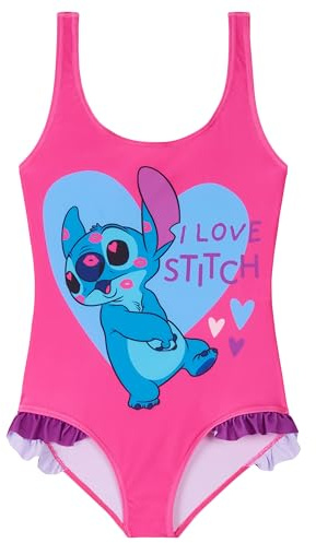 Disney Stitch Girls Swimming Costume Stretchy One Piece Swimsuit Comfy Teenagers Swimwear Beach Pool Holiday Essentials (Pink Stitch, 11-12 Years)