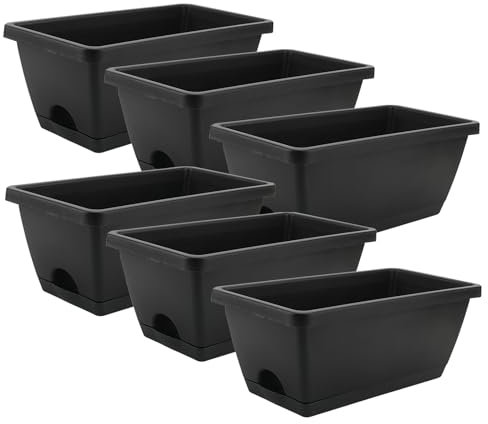 LEXININ Confezione da 6 fioriere rettangolari in plastica, 35 x 17 x 14 cm, colore nero, con vassoi, davanzale, per giardino, balcone