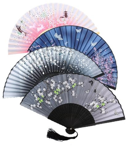 4pcs Handfächer Hochzeit Fächer Klappbare Brautfächer Stofffächer Taschenfächer Faltfächer Gastgeschenk für Wanddekoration Geburttag (Mehrfarbig 1)