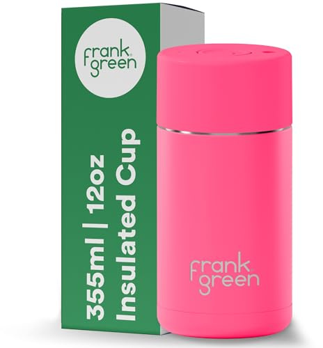 frank green Insulated Travel Mug for Cold Or Hot Drinks - 355ml/12oz Reusable Coffee Cup with Push-Button Lid, Ceramic Lined, Triple Wall Vacuum - Neon Pink
