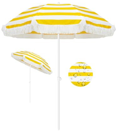 ELZEM 180cm Parasol Plage Jaune Avec Frange Parasol De Jardin Anti Uv Parasol De Terrasse Inclinable Parasol De Plage Anti Vent Pour Terrasse Balcon Piscine Jardin Plage/8 Baleines