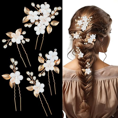 Yuanchu Lot de 5 épingles à cheveux en forme de feuille de fleur avec perles et strass pour mariage, fête, bal de fin d'année, demoiselles d'honneur (doré)
