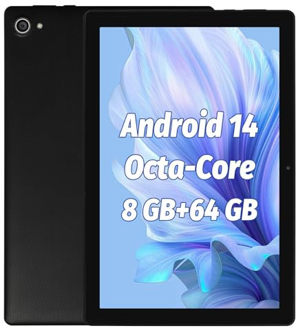 Tablet Android 14 Tablet da 10 pollici, 8 GB RAM 64 GB ROM 1 TB espandibile, processore Octa-Core, touch screen IPS HD 1280x800, WiFi 6, doppia fotocamera, BT5.3, 5000 mAh, Widevine L1 (Nero)