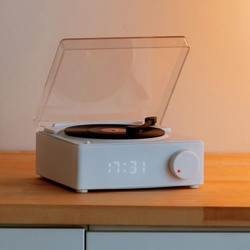 Schallplatten-Lautsprecher, kabelloser Lautsprecher, Wecker, Schallplattenspieler, Retro, Vinyl, Stereo, mit Plattenspieler-Wecker (weiß)