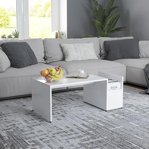 Homgoday White Chipboard Coffee Table, 90 x 45 x 35 cm, Living Room Side Table with Side Compartment, Sofa End Table, Central Table for Coffee Office