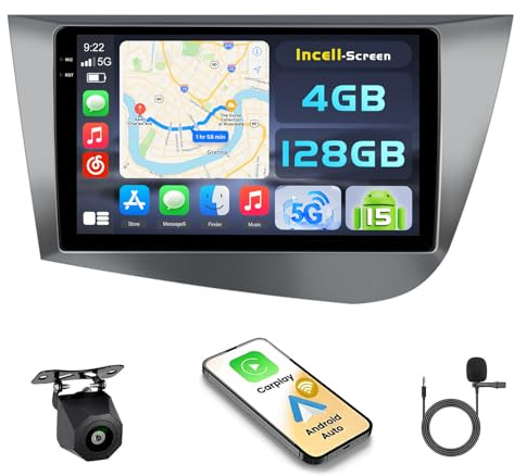 Hikity 4G+128G Android 15 Autoradio 9 pour Seat Leon CarPlay | Wireless CarPlay. Android Auto. WiFi. FM/RDS. BT. Caméra + MIC