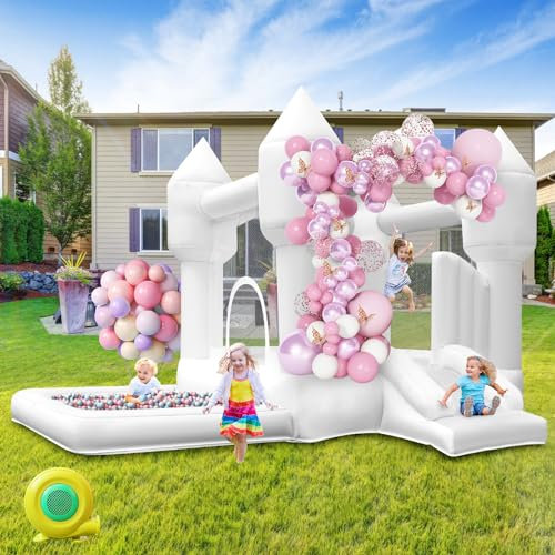 Hüpfburg Weiß mit Rutsche Sprung und Bällebad, Hüpfburg Indoor Outdoor mit Gebläse für Kinder von 3 bis 8 Jahren, Bounce House für Garten Party Hochzeit Geburtstags Geschenke 320×280×210cm
