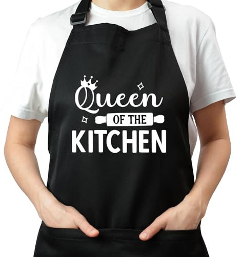 FUKPO Women's Black Cotton BBQ Apron with Pockets, Funny Kitchen Apron, One Size Fits All