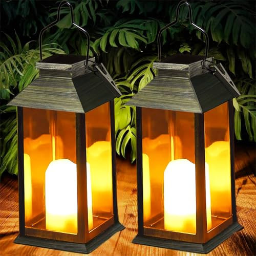 Joycome Solar Lanterns for The Garden 2 Pack Auto On/Off Hanging Solar Lantern Outdoor with Flickering Candle, Waterproof Table Lamp for Patio Vintage Balcony Wall Decorations Birthday Gifts - Bronze