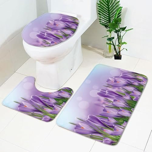 Badezimmerteppich Lila Elegante Blume WC Vorleger mit Ausschnitt WC Deckelbezug 3 Teiliges WC Teppich rutschfeste Badgarnitur U förmiger Badematte Waschbar Bad Teppiche Set 45x75 cm
