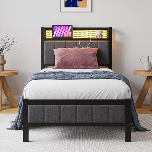 BORPHOM Marco de cama con LED, estación de carga, cama individual de invitados, cama de metal, cama tapizada, 90 x 200 cm, estructura de metal, cama juvenil con somier de láminas, cabecero en gris