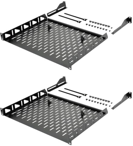 Tecmojo 19 Zoll 1HE 355,6mm Tief Fachboden zum Festeinbau, Befestigung Vorne, mit Anti-Rutsch-Stoppern,und mit Lüftungsöffnungen, Server- und Netzwerk-Rack-Regal, 25kg Traglast, 2 Stück, Schwarz