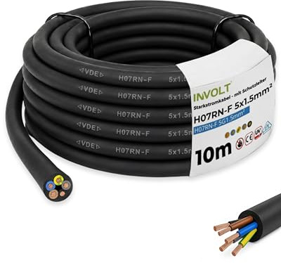 INVOLT Cavo di prolunga CEE, 10 m, H07RN-F 5G1,5 mm², cavo flessibile in gomma con conduttore di protezione, per esterni, cantieri, certificato VDE