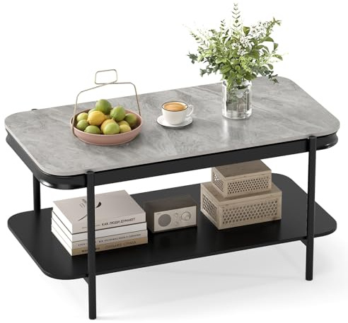 COSTWAY Soffbord i marmor, vardagsrumsbord med 2 hyllor & metallram, rektangulärt soffbord, modernt kaffebord för vardagsrum och kontor, 90 x 50 x 45,5 cm (grå)