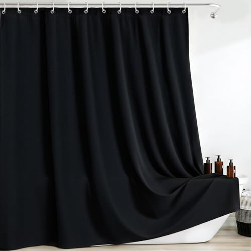 FAVORTALK Duschvorhang 180 x 200 cm - Schwarz, Shower Curtains mit 12 Duschringen, Schimmelresistent und Wasserabweisend, Polyester Waschbar Badewannenvorhang Duschvorhänge Mit Gewicht (1er Pack)