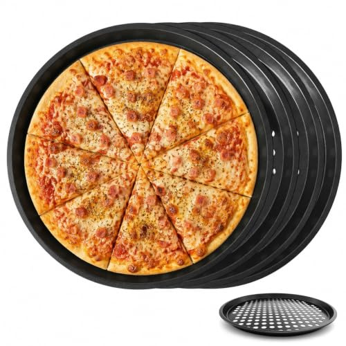 Jinfanshurich Pizzablåda, set om 4, pizzaplåt rund, non-stick, gjord av kolstål, pizzabakplåt för pizzaugn och ugn (B-da är hål, 32)
