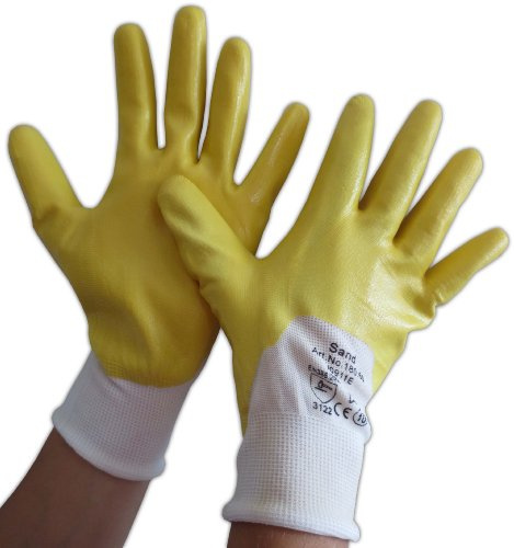 FaMa GbR Nitril Handschuhe 12 Paar Gr. 10 Baumwollhandschuhe Nitrilbeschichtung gelb/weiß Arbeitshandschuhe