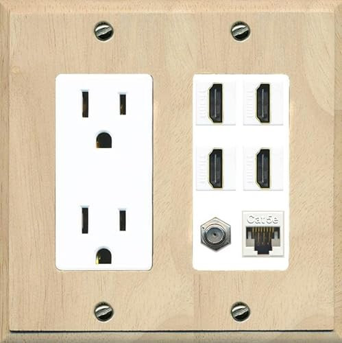 Riteav - Presa di corrente 15 A, 4 HDMI, 1 Ethernet Cat5e, 1 cavo coassiale TV a parete Wood/White