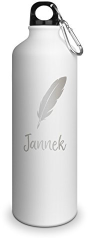 Trinkflasche mit Namen Jannek - graviert mit Feder Layout, Aluminiumflasche mit Gravur, Sportflasche - matt weiß