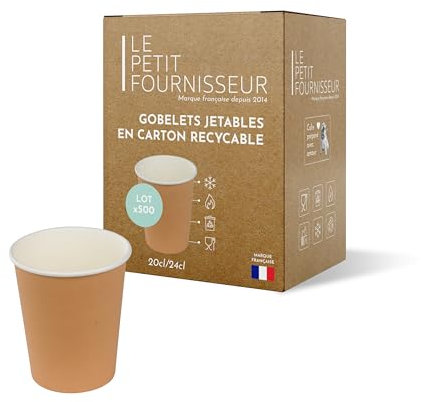 LPF LE PETIT FOURNISSEUR - Lot de 500 Gobelets jetables en Carton Kraft 20-24cl - Recyclable et Biodégradable - Gobelets café, thé, boissons chaudes et froides - Résistant à la chaleur - Couleur Brun