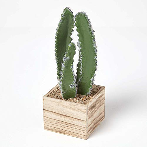 HOMESCAPES Cactus Cierge Artificiel en Pot carré en Bois MDF 33 cm