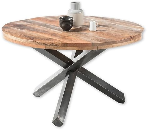 ACE Esstisch rund Massivholz Mango Esszimmertisch mit Metallgestell | 130 x 77 x 130 cm (B/H/T), massive 60 mm Tischplatte, Gestell in Antik Finish Anthrazit, Esszimmer