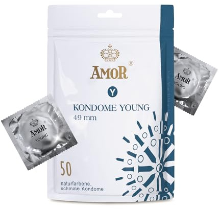AMOR Premium Kondome, Mit extra dünner oder starker Wanddicke oder mit Noppen, Enge Passform Ø 49 mm, 50 Stück