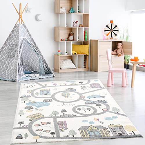 payé Teppich Kinderzimmer - Pastellfarben - 160x230cm - Flachflor Spielteppich Kinderteppich im Straßendesign für Jungen und Mädchen - Oeko Tex 100 Standard