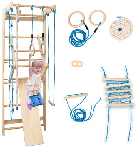 COSTWAY Sprossenwand, Kletterwand für Kinder und Erwachsener, Turnwand aus Holz, Klettergerüst Indoor, inkl. Klimmzugstange/Ringe/Trapez/Strickleiter/Kletterseil, bis 100kg belastbar, 220 x 80 x 60 cm