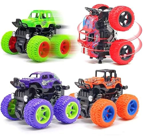 LEFEI Monster Truck for Boys 3 4 5 6 7 Year Old,4 Pack Push and Go Friction Powered Car Toys, Double-Directions Inertia Pull Back Vehicle Set,Birthday Party Gift for Kids