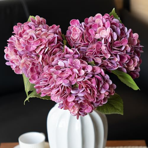DUYONE 3PCS 22 inch Realistic Artificial Hydrangea Large Flowers Artificial Flowers Dry Flowers Outdoor Wedding Christmas Office Family Party Living Room Table Decoration (Rose Red)